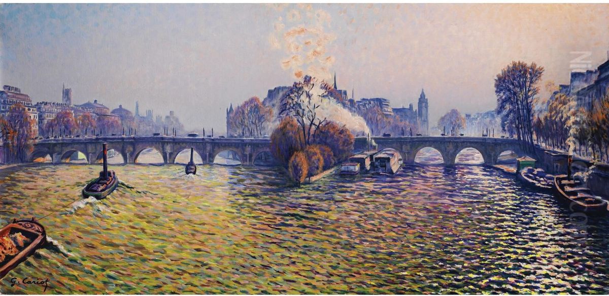 Pont-neuf, Automne, Bateaux-lavoir Oil Painting by Gustave Cariot