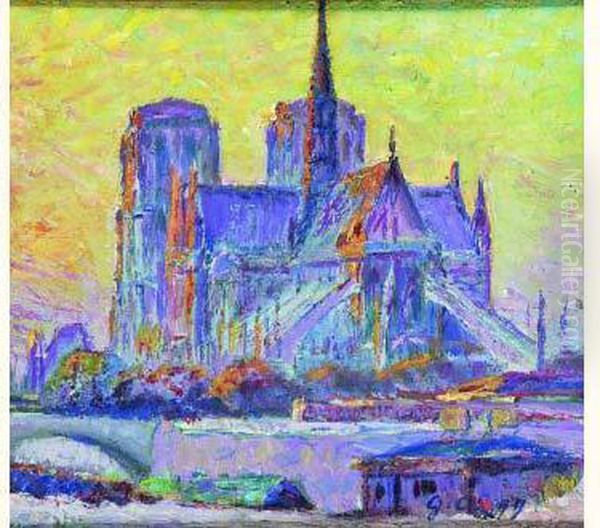 Paris, Notre-dame, Vue Du Port 
Aux Vins, Vers 5 Heures Du Soir, Soleil Couchant, Automne 1899 Oil Painting by Gustave Cariot