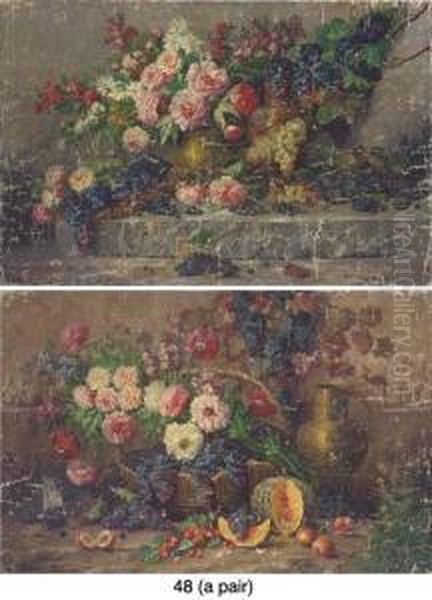 Summer Blooms In Brass And 
Copper Ewers By A Grape Vine; And Summerblooms And Grapes In A Basket By
 Peaches, Cherries, A Pumpkin, Abrass Ewer And A Vine On A Ledge Oil Painting by Max Carlier
