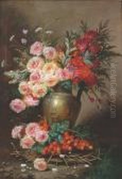 Still Life Of A Jug Filled With 
Roses, Chrysanthemums, Paeonies And Cow Parsley, With Cherries In The 
Foreground Oil Painting by Max Carlier