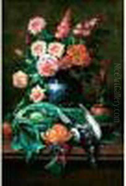 Bouquet De Fleurs, Orange, Grappe De Raisin Sur Un
 Entablement Oil Painting by Max Carlier