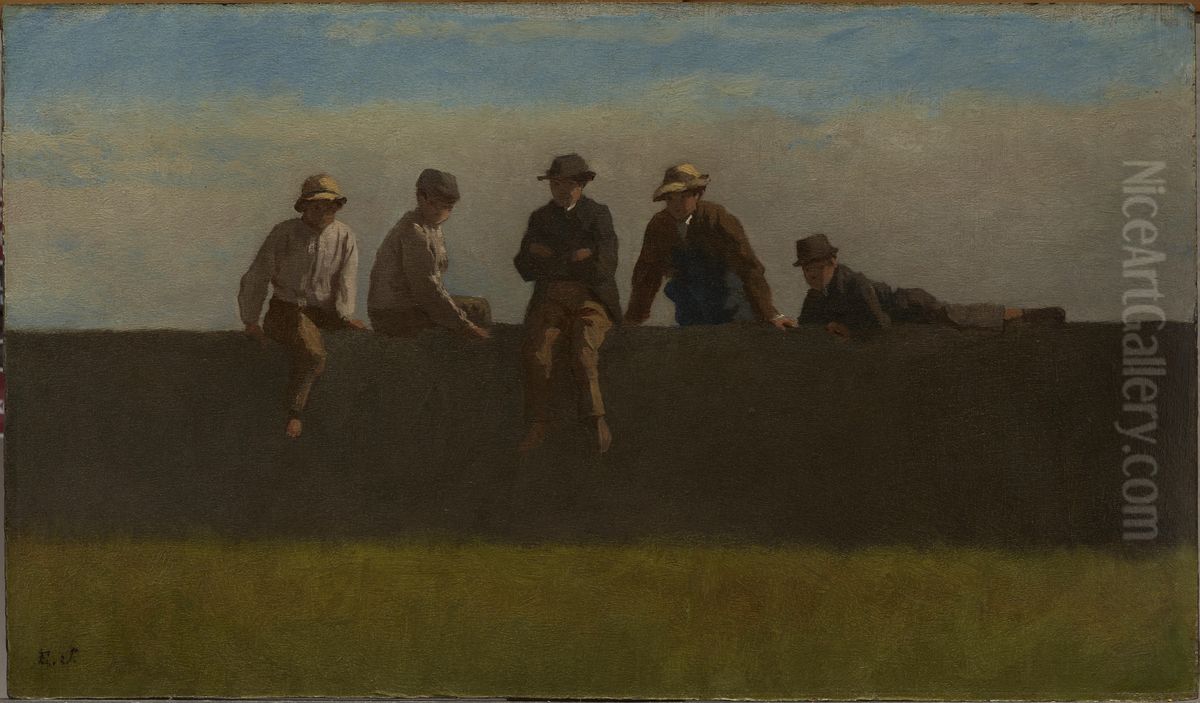 Five Boys on a Wall Oil Painting by Eastman Johnson
