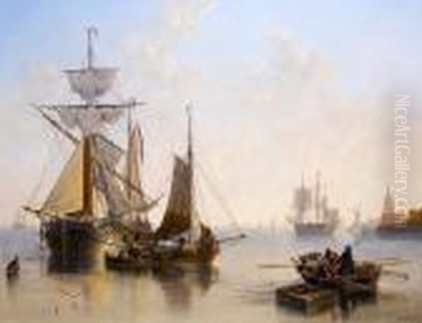 A Tranquil Day On The Scheldt, 
Withtraditional Craft At Work Inshore And An Outbound Merchantmantrying 
To Catch A Breeze Beyond Oil Painting by John Wilson Carmichael