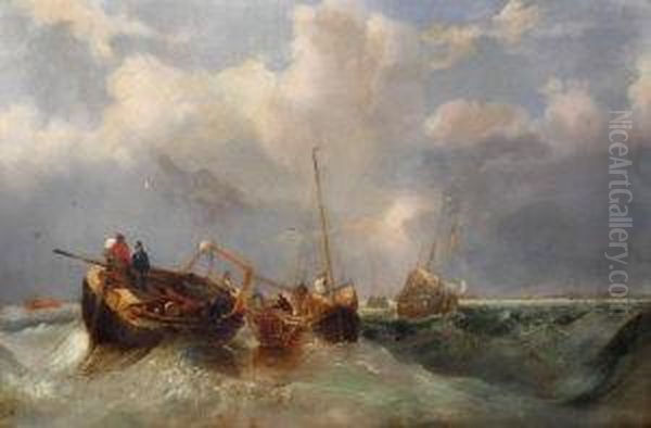 Fishermen Hauling In The Nets At Sea,
With A Distant Third-rate Ship Of The Line Lying At Anchor And Other Shipping Oil Painting by John Wilson Carmichael