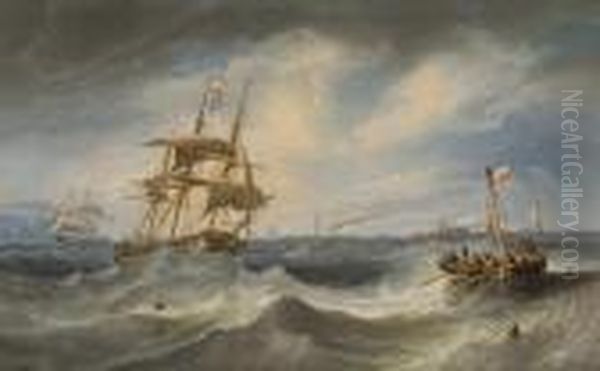 Congested Waters Between Hurst 
Castle And The Needles, With A Royal Navy Frigate Heaving-to To Take On 
The Pilot Oil Painting by John Wilson Carmichael