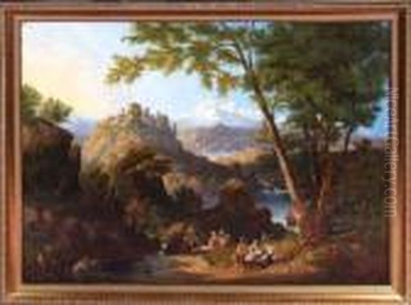 A Panoramic Continental River 
Landscape With Figures And Animals In The Foreground And A Castle Beyond Oil Painting by John Wilson Carmichael