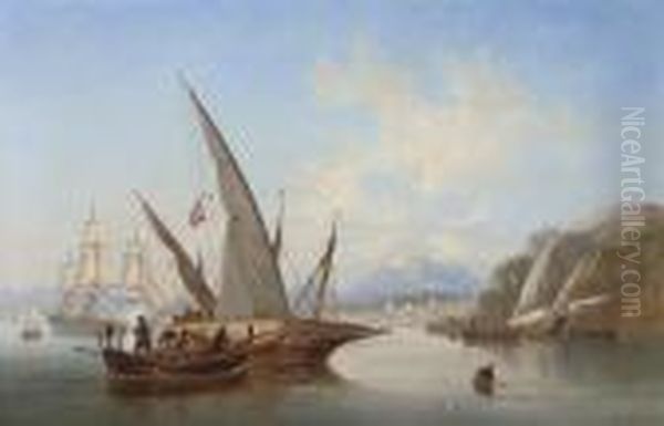 Local Craft And A Saluting 
Frigate In The Bay Off Rethymnon, Crete, With The Port's Citadel Rising 
To The Right And Mount Ida In The Distance Beyond Oil Painting by John Wilson Carmichael