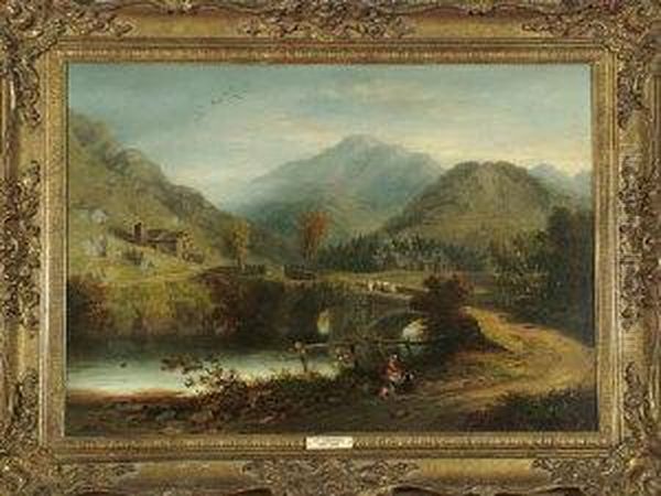 A Broad River Valley With A 
Mother And Child Picnicking At A Roadside, A Man And Pack Horse Crossing
 A Bridge, And A Mill In The Distance Oil Painting by John Wilson Carmichael