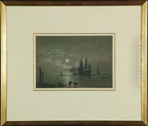 Attributed To John Wilson 
Carmichael 7in. X 10 1/4in. A Coastal Scene By Moonlight With Figures 
On The Shore In The Foreground And War Ships At Anchor In The Middle 
Distance Oil Painting by John Wilson Carmichael