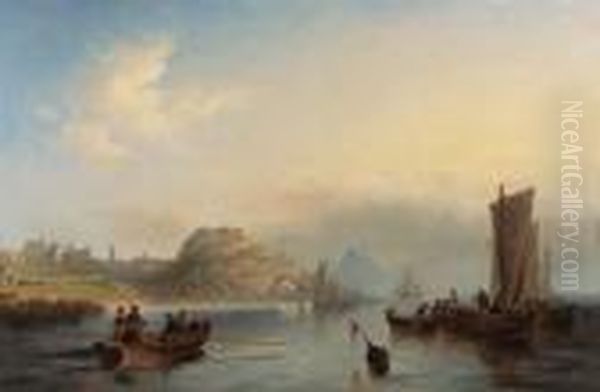 Fishing Boats Off Holy Island, 
Northumberland, With Lindisfarneabbey And Castle In The Distance Oil Painting by John Wilson Carmichael