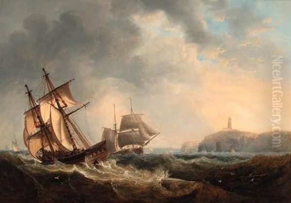 Trading Brigs Passing In The 
Channel Off Flamborough Head; Andshipping Becalmed In The Humber Off 
Spurn Point Oil Painting by John Wilson Carmichael