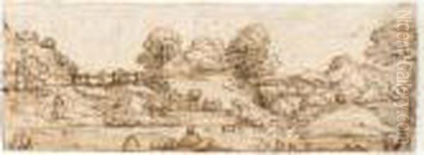 Hilly Landscape With Washerwomen Loading Their Baskets Oil Painting by Annibale Carracci