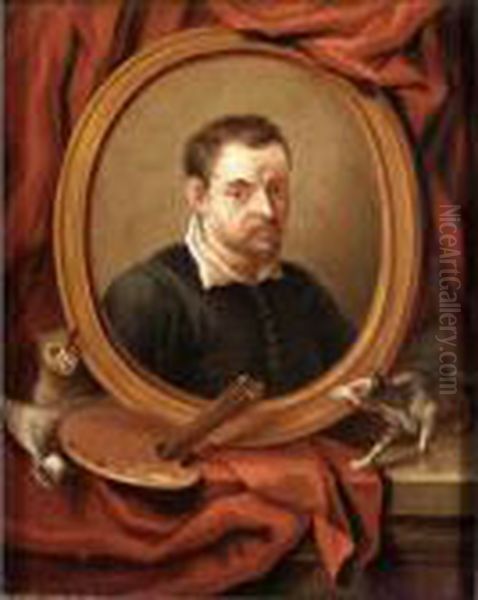 Still Life With A Portrait Of 
Annibale Caracci, A Dog And A Cat, Together With A Pallete, Brushes 
Before A Red Curtain Oil Painting by Annibale Carracci