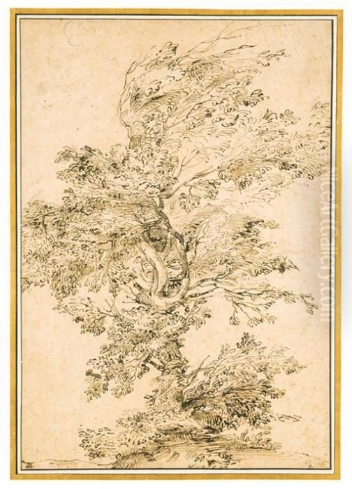A Large Tree On A Rise
With Inscription 'carraci'
Black Chalk, Pen And Brown Ink Oil Painting by Annibale Carracci