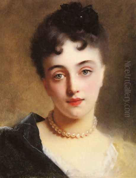 An Elegant Lady with Pearls Oil Painting by Jacquet Gustave