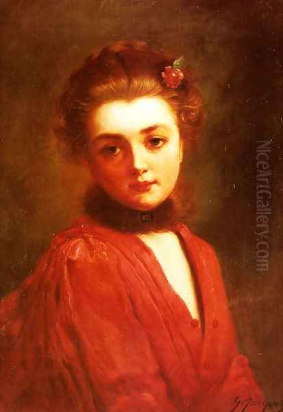 Portrait of a Girl in a Red Dress Oil Painting by Jacquet Gustave
