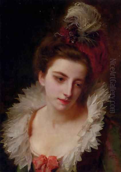 Portrait Of A Lady With A Feathered Hat Oil Painting by Jacquet Gustave