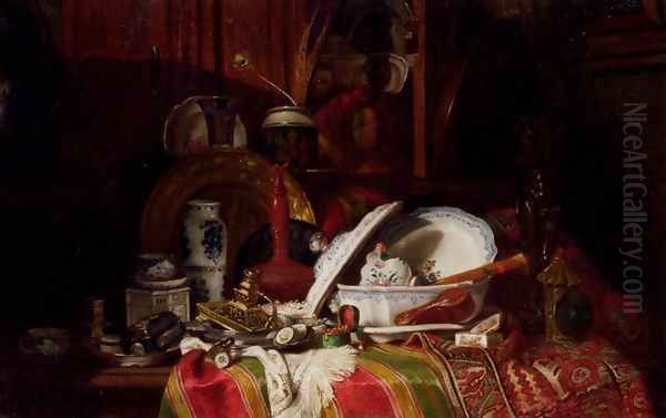 Still Life with Dishes, a Vase, a Candlestick and other Objects on a Draped Table Oil Painting by Jacquet Gustave