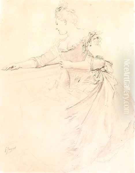 An elegant lady looking over a balcony Oil Painting by Jacquet Gustave