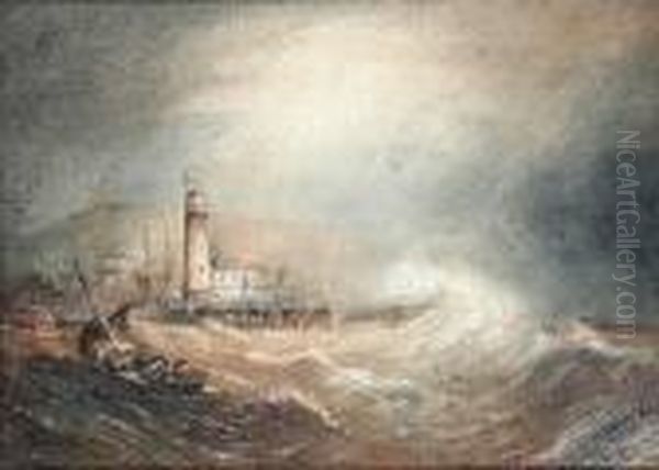 Lighthouse In Stormy Waters, Scarborough Oil Painting by Henry Barlow Carter