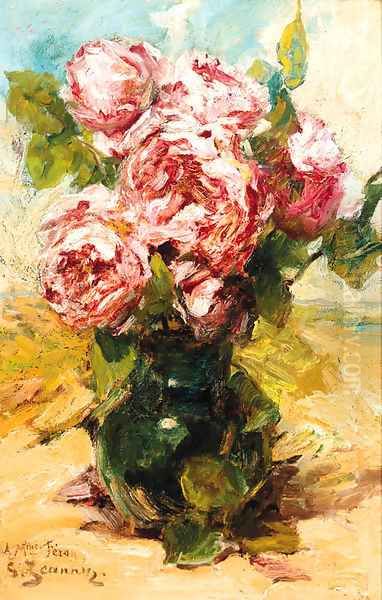 Pink roses in a vase Oil Painting by Georges Jeannin
