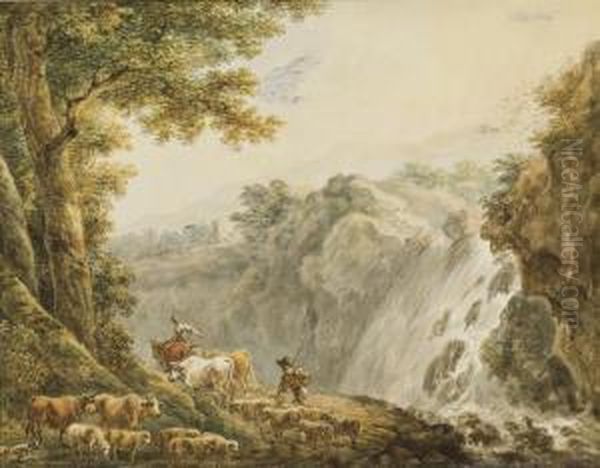 Un Berger Accompagne De Son 
Troupeau De Vaches Et De Moutons Devantun Torrent Dans Un Paysage 
Montagneux Oil Painting by Francesco Giuseppe Casanova