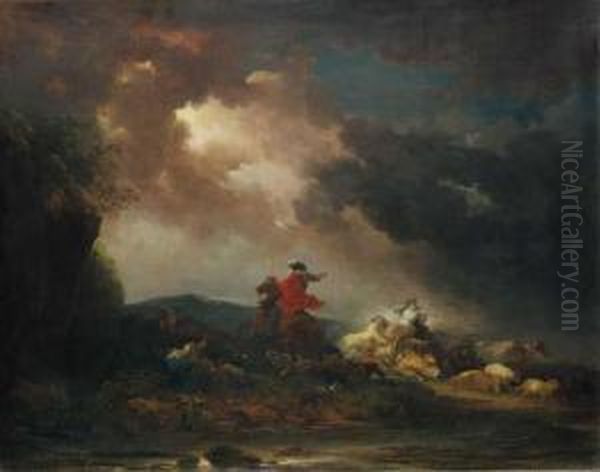 A Stormy Landscape With A 
Horseman And A Woman Riding An Ox, By Ariver; A Stormy Landscape With A 
Wagon And Horses Bolting Into Ariver Oil Painting by Francesco Giuseppe Casanova