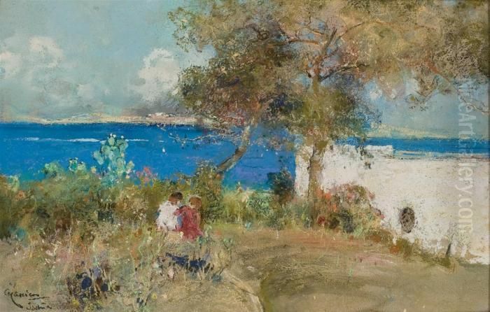 Vue De L'ile D'ischia Avec Au Premier Plan Les Enfants Del'artiste Oil Painting by Giuseppe Casciaro