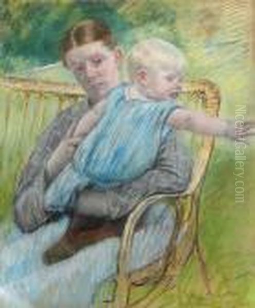 Mathilde Holding Baby Who Reaches Out To Right Oil Painting by Mary Cassatt