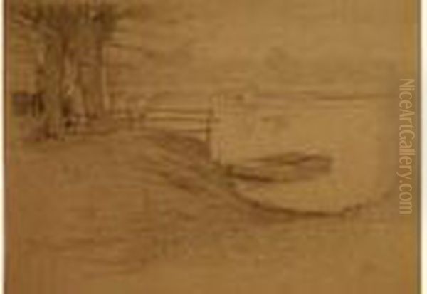 Henricassiers. - Peniche Au Bord D'une Riviere. Oil Painting by Hendrick, Henri Cassiers