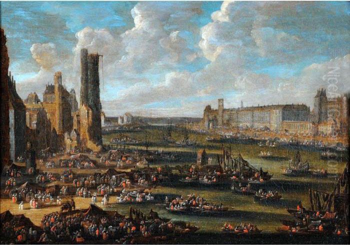 Paire De Vues De Paris Avec Une Grande Animation Oil Painting by Pieter Casteels