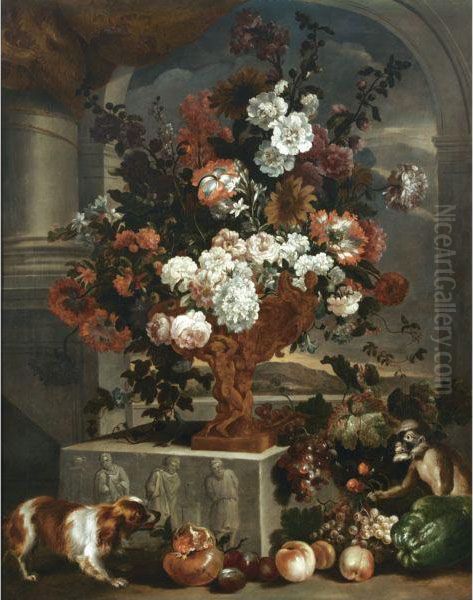 Still Life With A Large Bouquet 
Of Flowers In A Sculpted Bronze Urnresting On A Carved Stone Base, 
Together With A Spaniel, A Monkeyand Various Fruits Oil Painting by Pieter Casteels