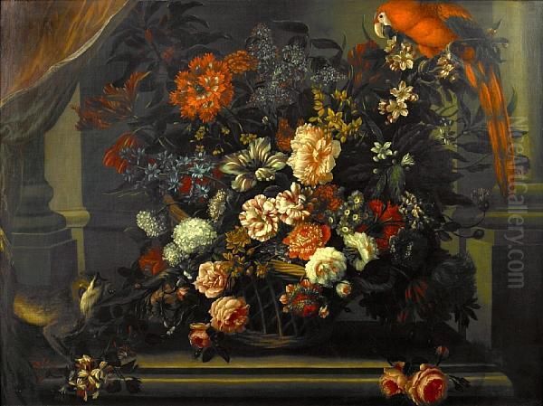 A Still Life Of Roses, Carnations With Otherflowers And A Monkey And A Parrot Oil Painting by Pieter Casteels