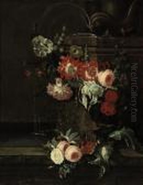 An Iris, Ornamental Poppies, 
Roses, Hollyhocks And Other Flowersdecorating A Classical Fountain Oil Painting by Pieter Casteels