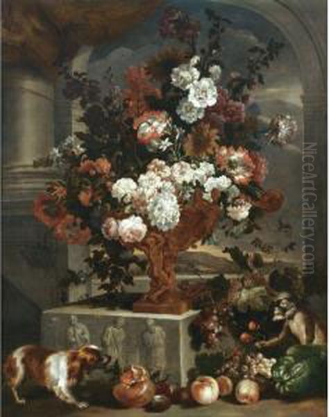 Still Life With A Large Bouquet 
Of Flowers In A Sculpted Bronze Urnresting On A Carved Stone Base, 
Together With A Spaniel, A Monkeyand Various Fruit Oil Painting by Pieter Casteels