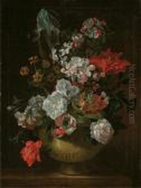 Iris, Tulips, Roses, Carnations And Other Flowers In An Urn On Astone Ledge Oil Painting by Pieter Casteels