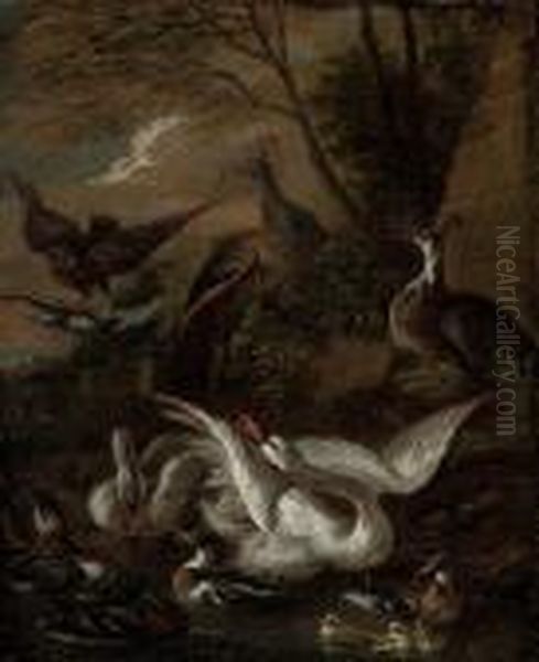 An Iris, Ornamental Poppies, 
Roses, Hollyhocks And Other Flowers Decorating A Classical Fountain Oil Painting by Pieter Casteels