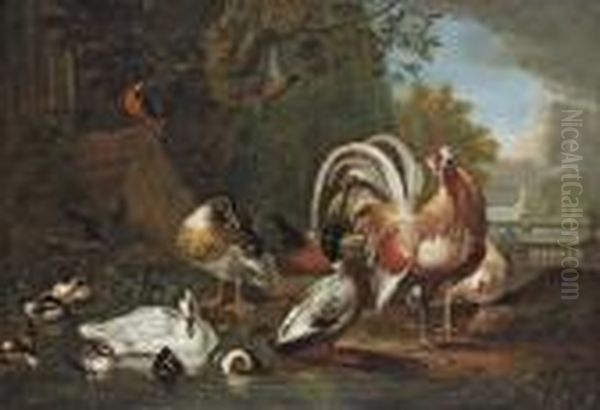 A Cockerel, A Hen, A Pheasant, 
Ducks, Ducklings And Kingfishers At The Edge Of A Pond, In A Park 
Landscape With Classical Ruins Oil Painting by Pieter Casteels