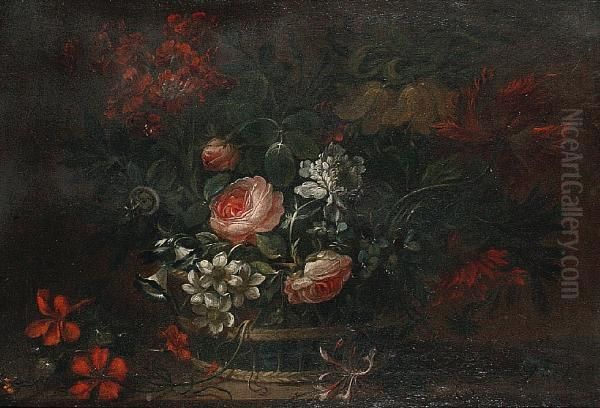A Still Life Of Roses And Other Flowers In A Basket Oil Painting by Pieter Casteels