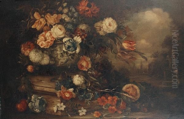 Roses, Tulips, Snowballs, 
Narcissi And Otherflowers In A Vase On A Stone Plinth Before A Landscape Oil Painting by Pieter Casteels