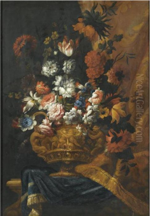 Still Life With Flowers In An Elaborate Oil Painting by Pieter Casteels
