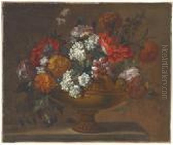 Peonies, Tulips And Other Flowers In An Urn On A Ledge Oil Painting by Pieter Casteels