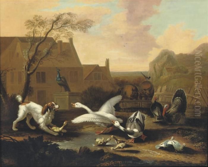 A Spaniel Threatening Geese In A Farmyard Oil Painting by Pieter Casteels