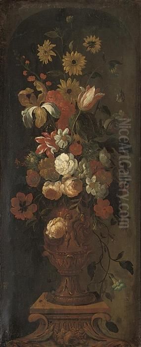 Parrot Tulips, Carnations, 
Narcissi, Morning Glories And Otherflowers In A Bronze Urn On A Sculpted
 Plinth, In A Niche Oil Painting by Pieter Casteels