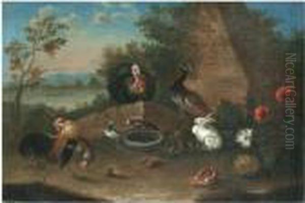 A Landscape With A Cockerel, A Hen, A Turkey, A Peacock And Other Birds With Rabbits Oil Painting by Pieter Casteels