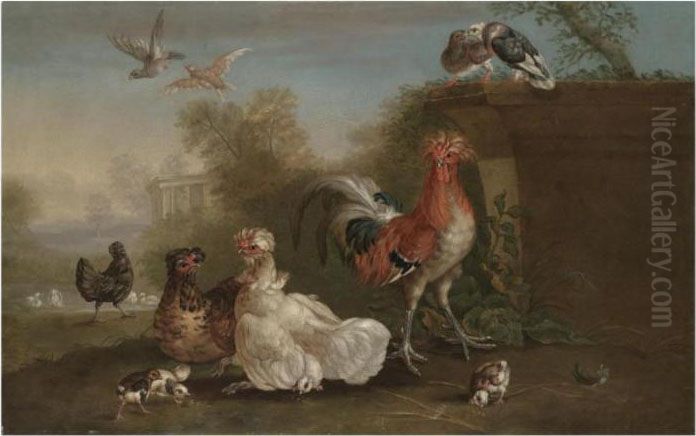 A Cockerel, Hens, Chicks, Pigeons And Other Fowl In A Park Landscape Oil Painting by Pieter Casteels
