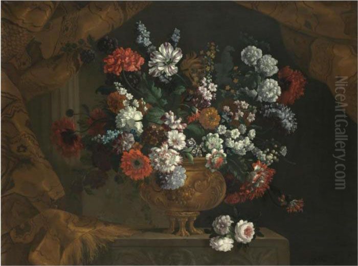 Still Life Of Flowers In A Gilt Urn On A Stone Ledge Oil Painting by Pieter Casteels