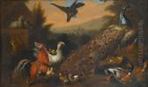 A Peacock, Mallards, A Cockerel 
And Other Fowl With A Squirrel In An Italianate Landscape Oil Painting by Pieter Casteels