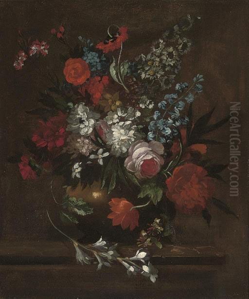 Roses, Chrysanthemums, Morning 
Glory, Lilies, Carnations And Other Flowers In A Vase On A Stone Ledge Oil Painting by Pieter Casteels