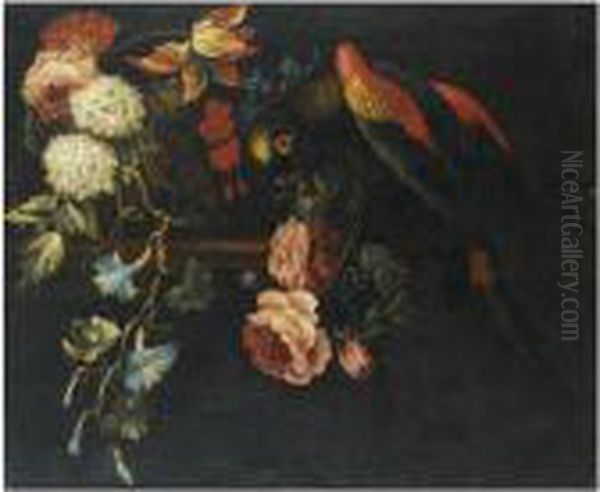 A Still Life With Tulips, Roses,
 Snowballs And Other Flowers Together With A Parrot On A Wooden Ledge Oil Painting by Pieter Casteels